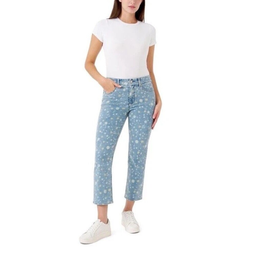 Seven7 Tummyless Ankle Straight Jeans Womens 16 Blue Floral Slimming Stretch NEW